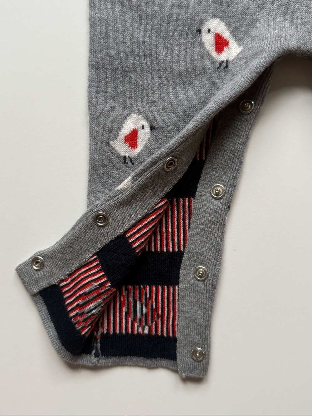 Jacadi Gray Knit One-Piece w/ Ivory Ruffle Collar & Valentine Bird Pattern - 12M - Picture 8 of 15